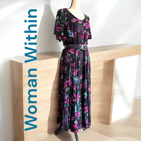 Woman Within-NWT 3X black/pink floral rayon V-neck crinkle dress. New with tags! - Picture 3 of 13
